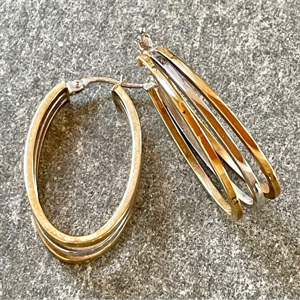 NWOT 14K Italian Gold Hoops Yellow and White Gold Oval Hoops